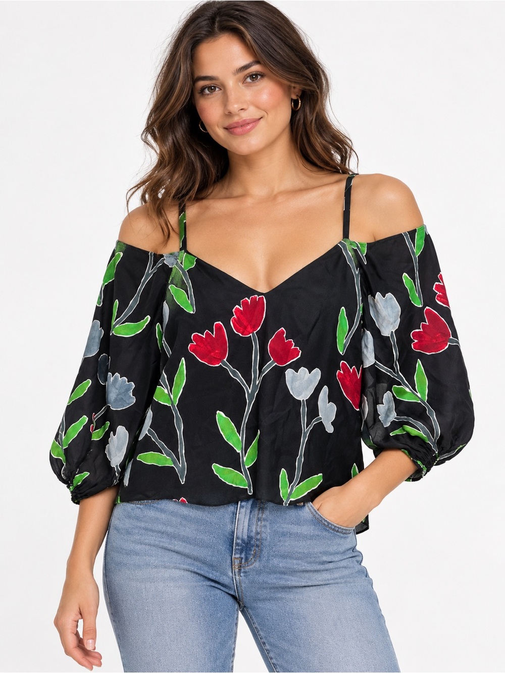 Alice + Olivia Floral Silk Cold Shoulder Blouse Black Red Green Size S/P